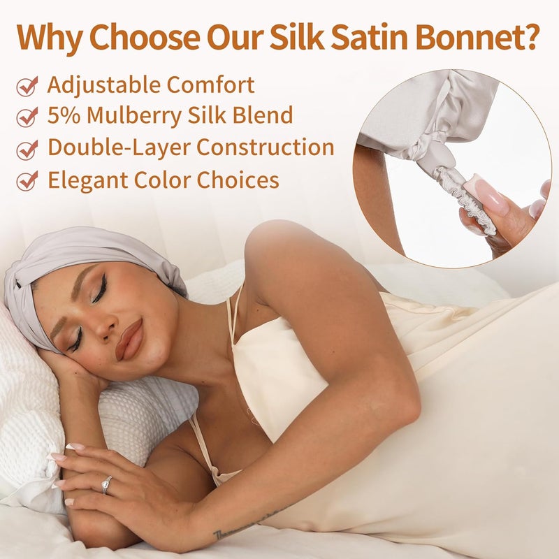 elio Adjustable Silk Satin Hair Bonnet for Sleeping with 5% Mulberry Silk – Double Layer Hair Cap for Women & Men, Extra Smooth Night Cap for Curly, Braided, Natural Hair – Shower Cap (Champagne) - Image 2